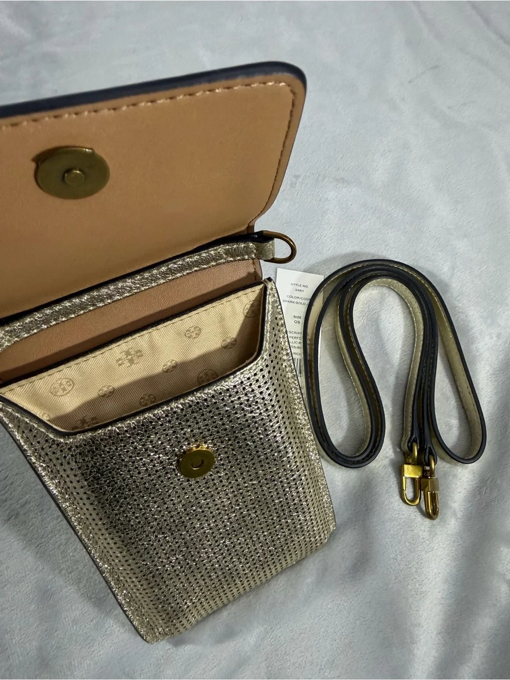 Tory Burch Metallic Perforated Phone Crossbody - Light Gold  Style: 34611